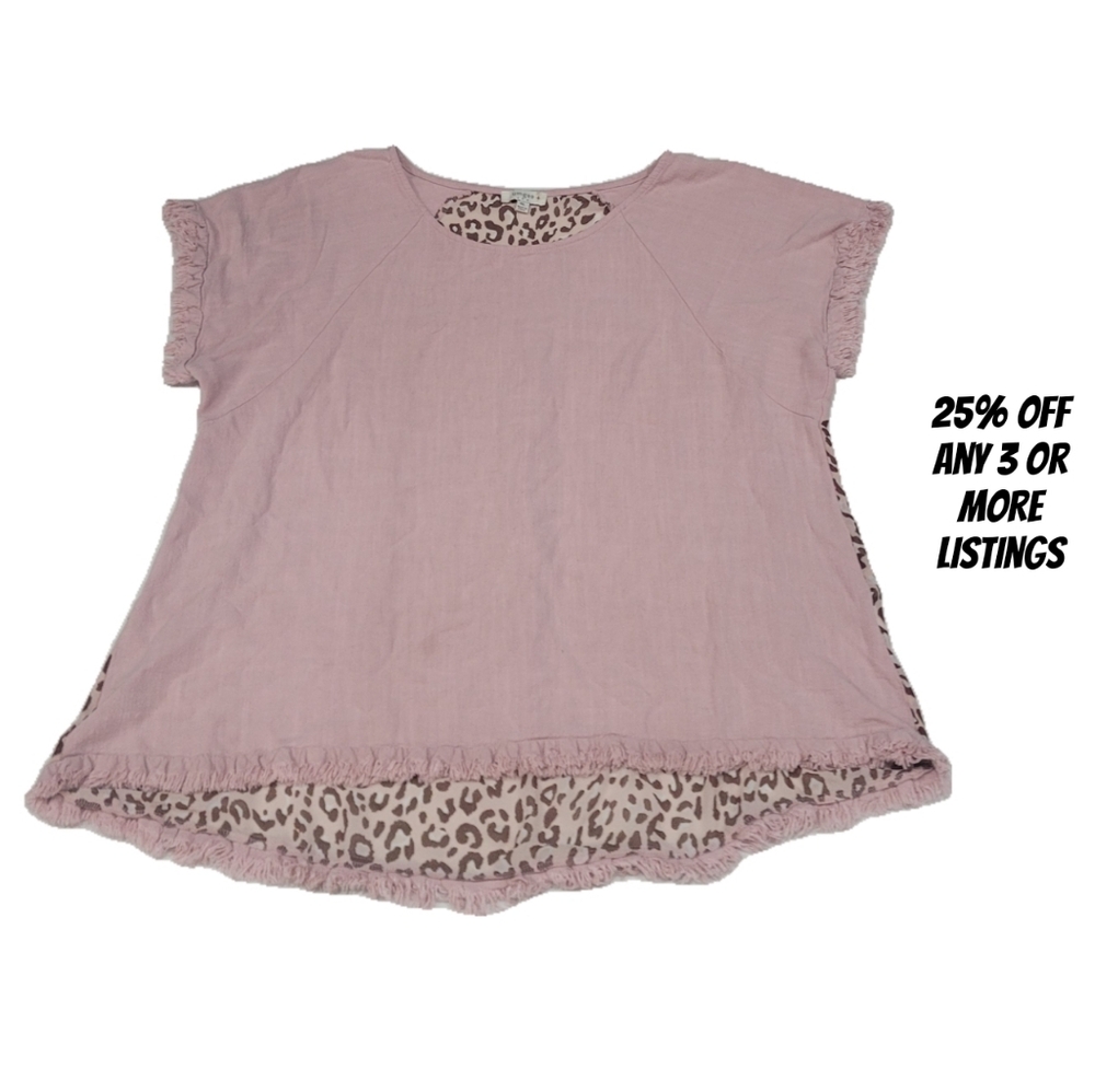 Umgee Pink Blouse Leopard Fringe Trim Animal Graphic Print Linen Blend Flowy 1X